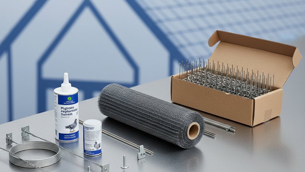 מגוון פתרונות הרחקת יונים מונחים על משטח עבודה: גליל רשת נגד יונים, קופסת דוקרנים ממתכת, סליל חוטי קפיץ ומיכל של ג'ל דוחי יונים.