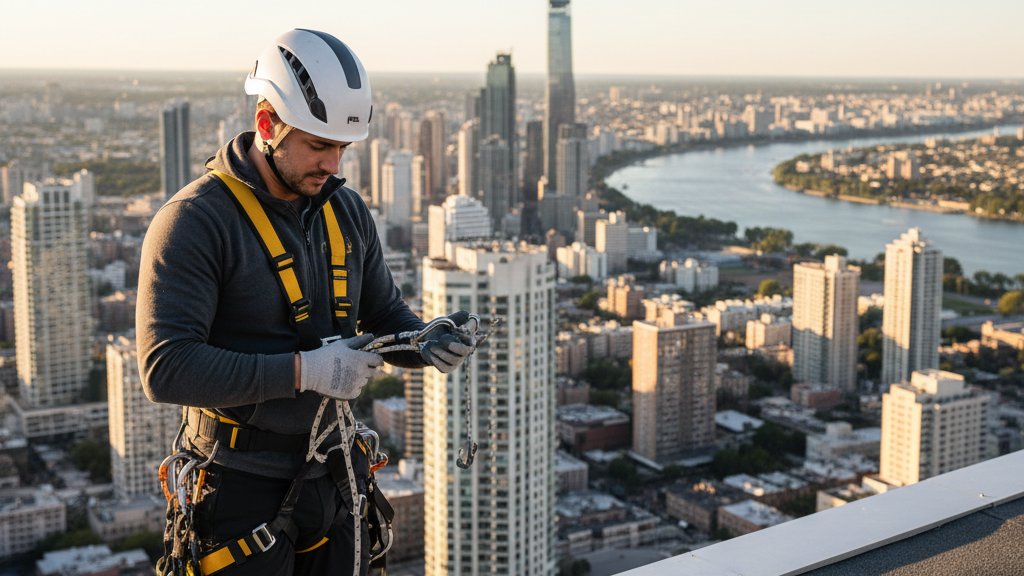 טכנאי סנפלינג מקצועי מכין ציוד עבודה על גג בניין גבוה, עם נוף עירוני ברקע. הוא לובש קסדה ורתמה, ומחזיק בחבלים.