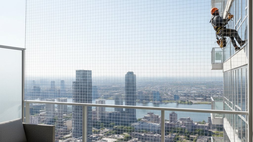 רשת שקופה נגד יונים המותקנת במרפסת בניין מגורים גבוה, מונעת גישה ליונים אך מאפשרת נוף מלא. הרשת כמעט בלתי נראית.