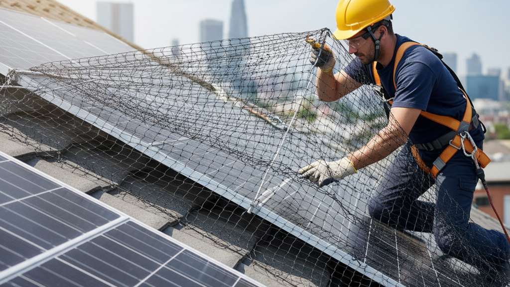 עובד מקצועי בציוד בטיחות מתאים מתקין רשת יונים עמידה סביב פאנלים סולאריים על גג, מבטיח הגנה יעילה מפני קינון יונים.