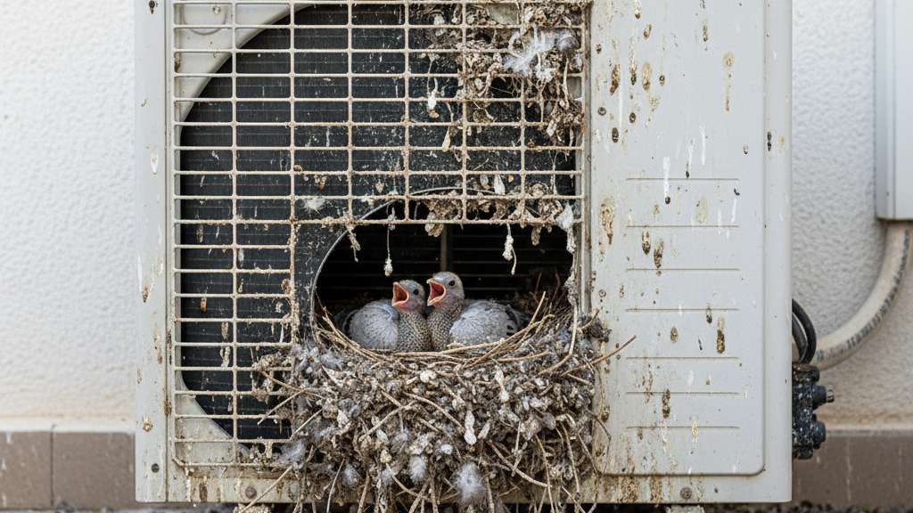 יחידת מזגן חיצונית עם קן יונים בולט, מלא בלשלשת וגוזלים קטנים. התמונה מדגישה את הנזק והלכלוך הנגרמים מקינון יונים במזגן.
