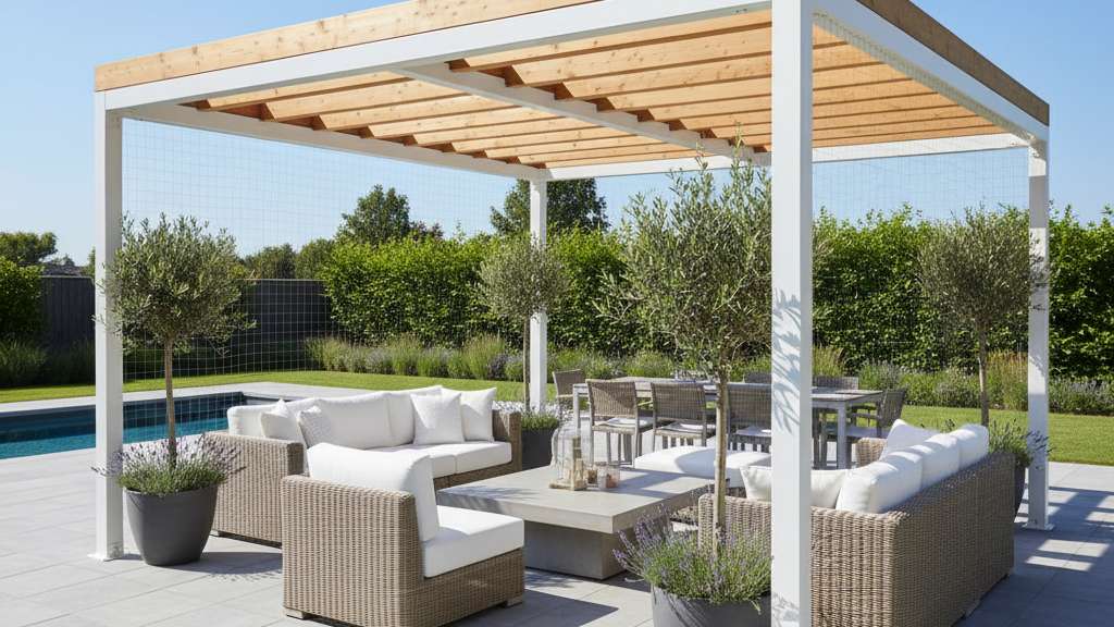 פרגולה יפה ונקייה עם רהיטי גן מזמינים, ללא נוכחות יונים.