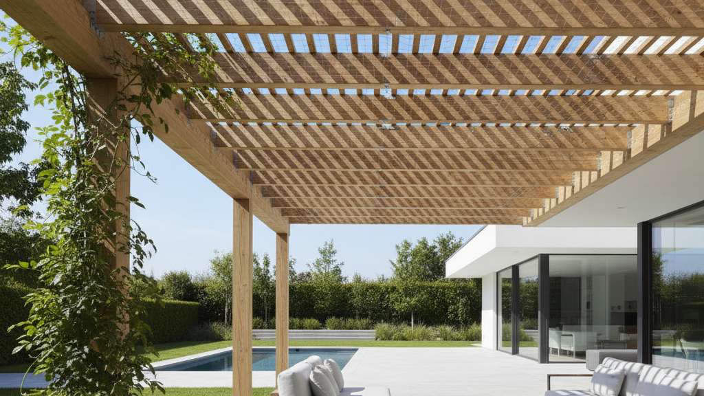 התקנת רשת יונים עדינה ושקופה מתחת לפרגולה, המשתלבת עם העיצוב.