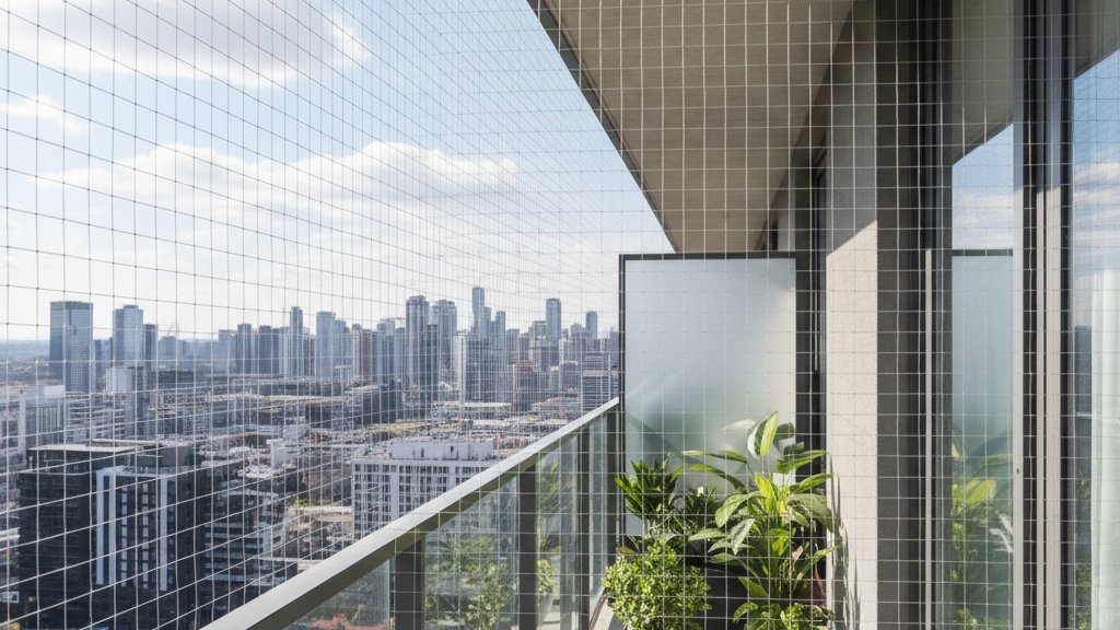 רשת שקופה המותקנת במרפסת דירה עירונית, כמעט בלתי נראית, מגנה על האזור מלשלשת יונים ומשמרת את המראה הנקי