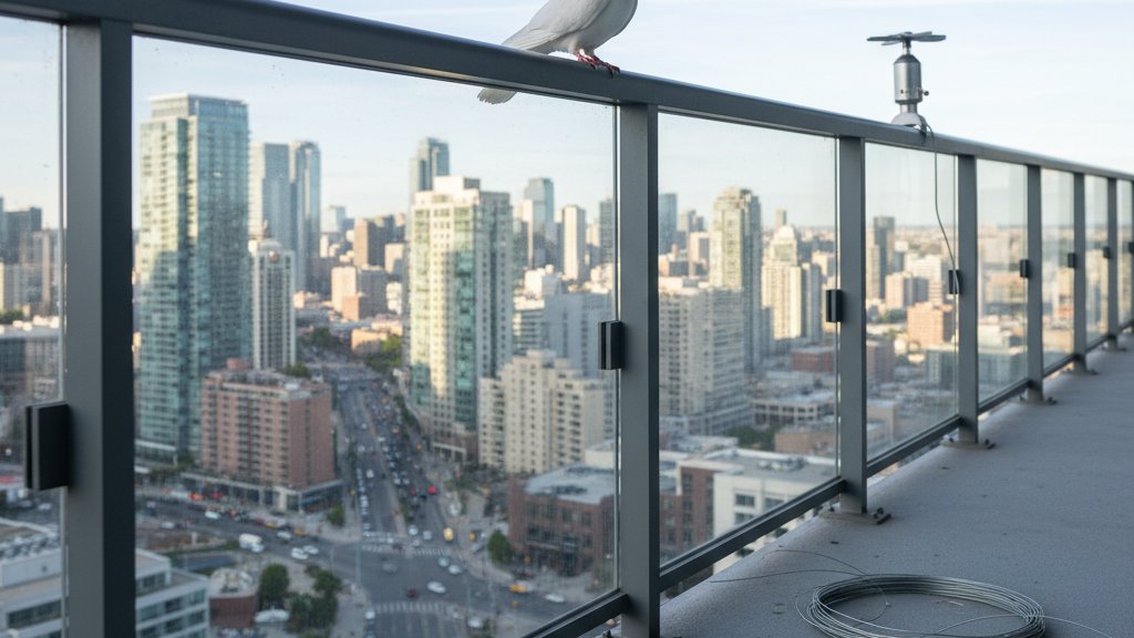 יונה עומדת על מעקה מרפסת ומביטה בנוף עירוני, כשברקע נראים בניינים ורחובות. התמונה מציגה את האתגר של הרחקת יונים בסביבה אורבנית.