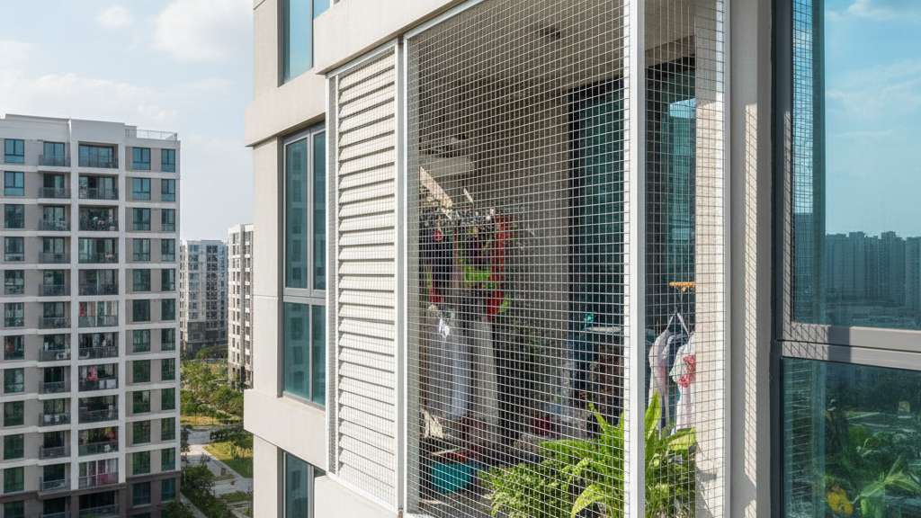 רשת חזקה ואסתטית מותקנת על פתח של מסתור כביסה בבניין דירות. הרשת נמתחת היטב ומונעת כניסת יונים, תוך שמירה על מראה נקי ומסודר.