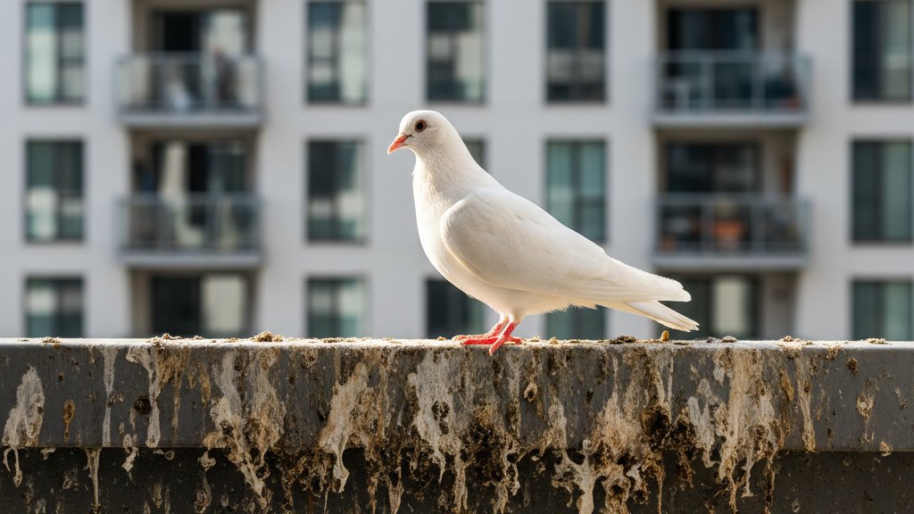 יונה עומדת על מעקה מרפסת מלוכלך מלשלשת יונים, ברקע בניין מגורים אורבני. התמונה מדגישה את מטרד הלכלוך שיונים יוצרות.