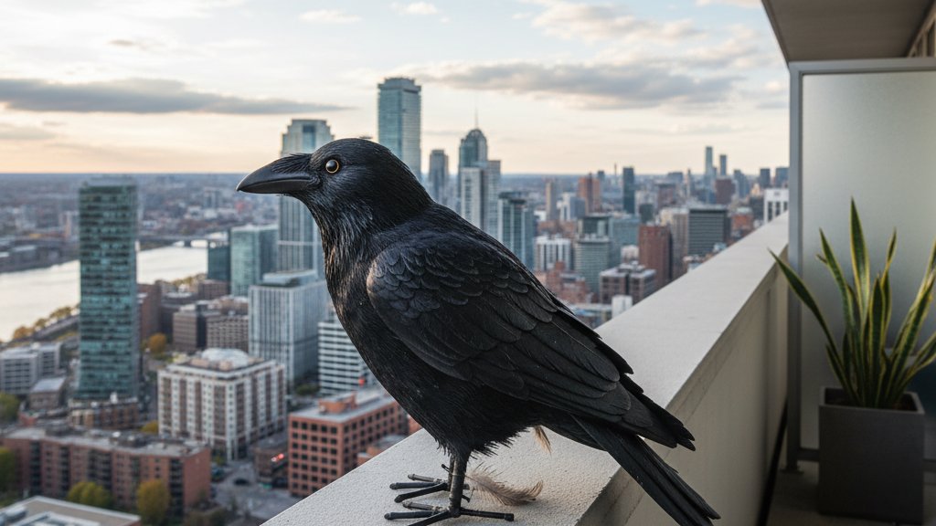 דחליל עורב שחור מציאותי מונח על מעקה מרפסת מול נוף עירוני