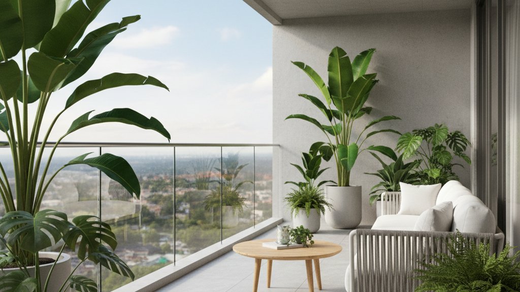 מרפסת מודרנית ונקייה עם צמחים ירוקים ענקיים, ללא יונים, המדגישה סביבה נעימה ונטולת מזיקים.