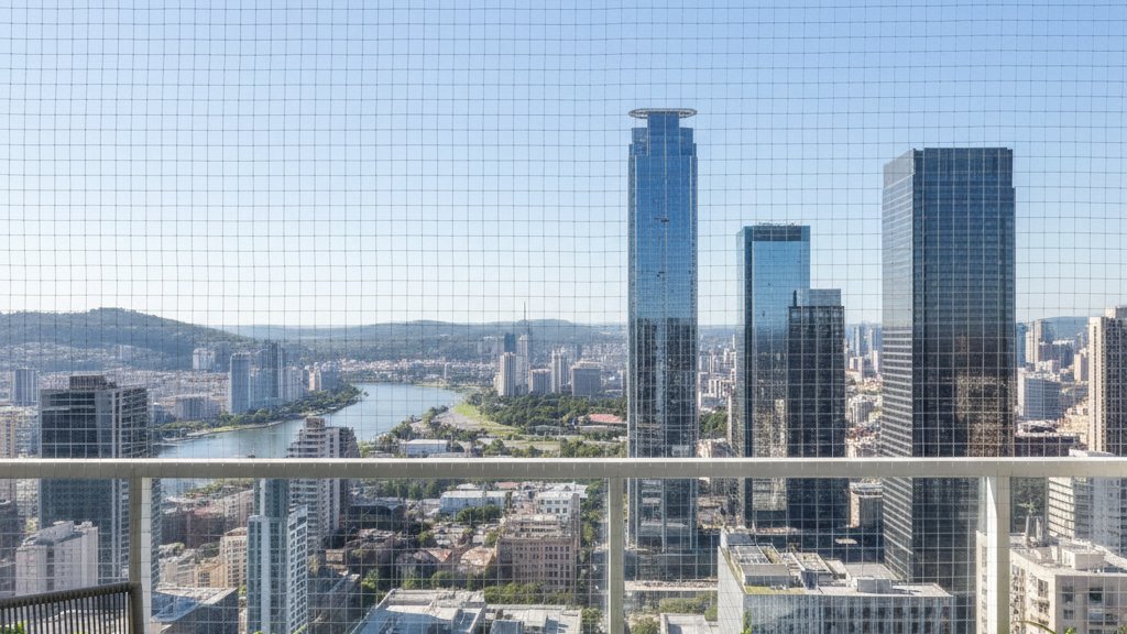 רשת שקופה המותקנת במרפסת דירה, מגינה מפני יונים ומאפשרת נוף פתוח