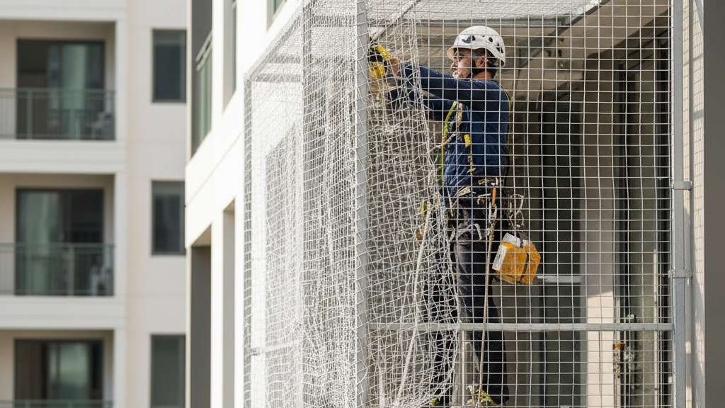 טכנאי מתקין רשת להרחקת יונים על גבי מסתור כביסה חיצוני, תוך שימוש בציוד בטיחות